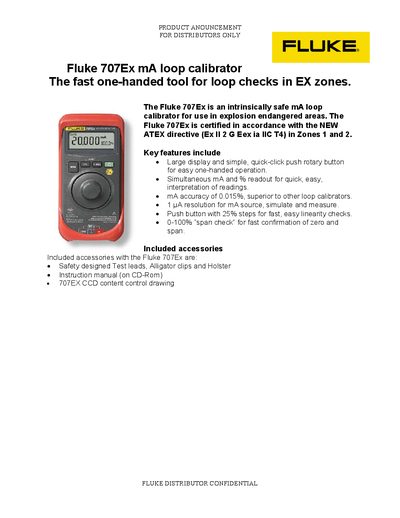 Fluke 707Ex Loop Calibrator Product Announcement - cover page