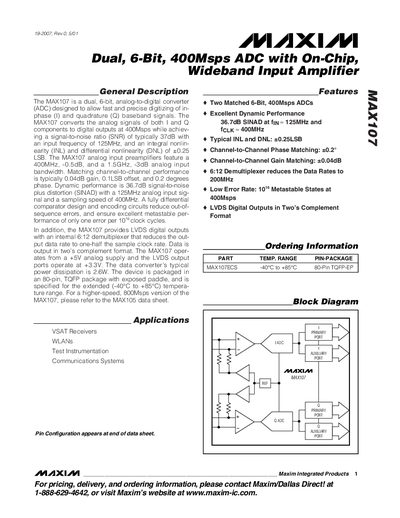 Maxim MAX107 Dual 6‑Bit 400 Msps ADC with On‑Chip Wideband Input Amplifier Datasheet - cover page