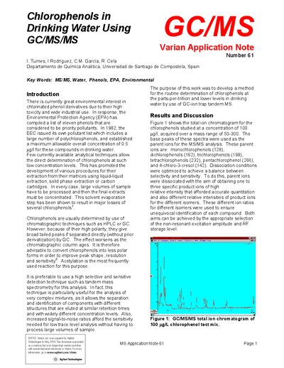Varian Application Note 61: Chlorophenols in Drinking Water Using GC/MS/MS - cover page
