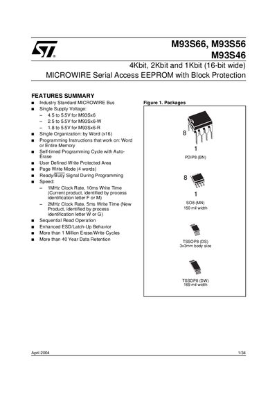 STMicroelectronics M93S66, M93S56, M93S46 EEPROM Datasheet - cover page