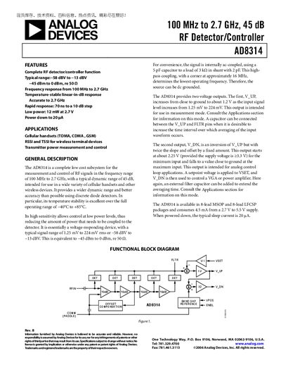Analog Devices AD8314 RF Detector/Controller Datasheet - cover page
