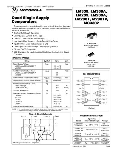 Motorola LM339/LM339A/LM239/LM239A/LM2901/LM2901V/MC3302 Datasheet - cover page