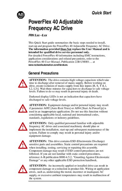 Rockwell Automation PowerFlex 40 Adjustable Frequency AC Drive Quick Start Guide