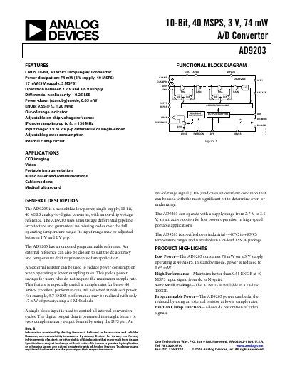 Analog Devices AD9203 10‑Bit 40 MSPS A/D Converter Datasheet Rev B - cover page