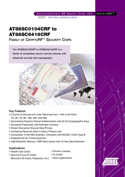 Atmel AT88SC0104CRF to AT88SC6416CRF CryptoRF Security Chips Handbook - cover page