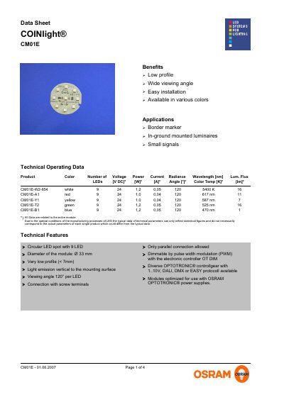OSRAM COINlight CM01E Data Sheet - cover page