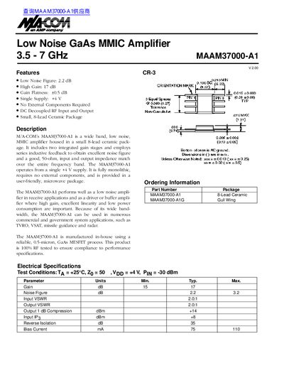 M/A-COM MAAM37000-A1 Low Noise GaAs MMIC Amplifier Datasheet - cover page