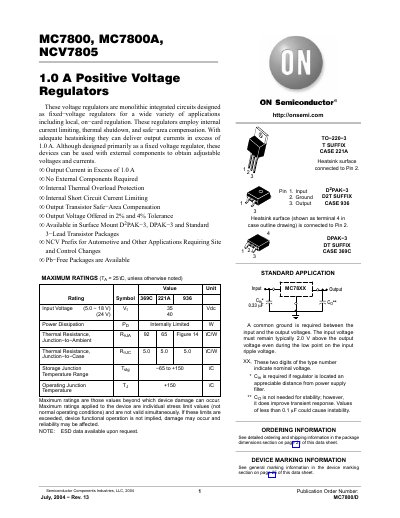 ON Semiconductor MC7800/DMC7800, MC7800A, NCV7805 Positive Voltage Regulator Datasheet - cover page