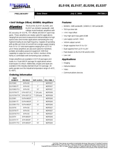Intersil EL5156 EL5157 EL5256 EL5257 Datasheet - cover page