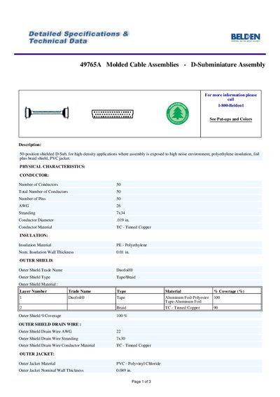 Belden 49765A Molded Cable Assembly D-Subminiature Datasheet - cover page