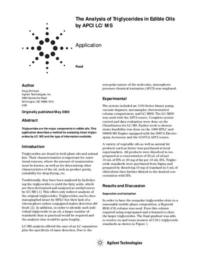 Agilent 1100 Series Application Note: Analysis of Triglycerides in Edible Oils by APCI LC/MS - cover page