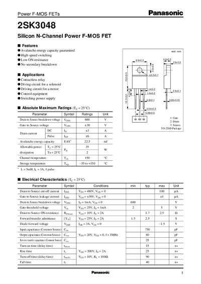 Panasonic 2SK3048 Power F-MOS FET Datasheet - cover page
