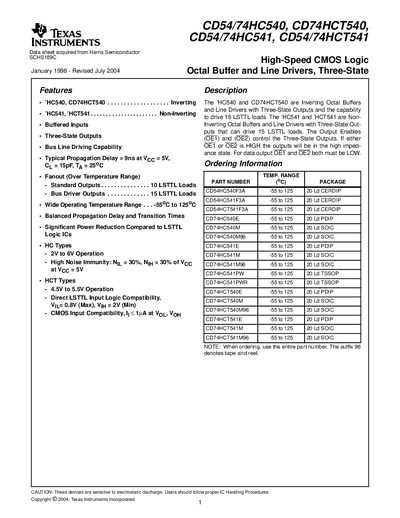 Texas Instruments CD54/74HC540, CD74HCT540, CD54/74HC541, CD54/74HCT541 High-Speed CMOS Octal Buffer Datasheet