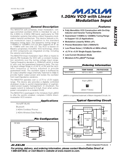 Maxim MAX2754 1.2 GHz VCO with Linear Modulation Input Datasheet - cover page