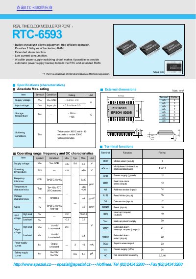 Epson RTC-6593 Real Time Clock Module Datasheet - cover page