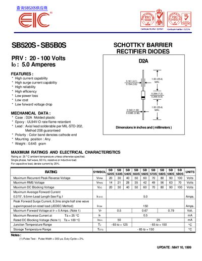 EIC SB520S Datasheet - cover page