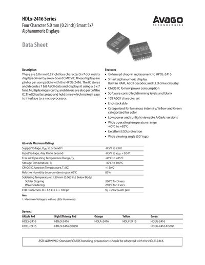 Avago HDLX-2416 Series Alphanumeric Display Datasheet - cover page
