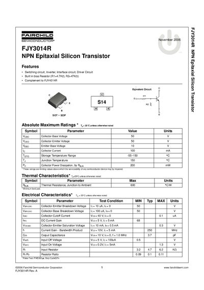 FAIRCHILD FJY3014R NPN Epitaxial Silicon Transistor handbook - cover page