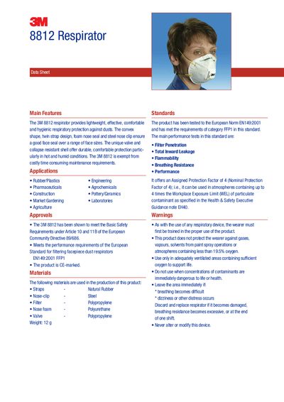 3M 8812 Respirator Data Sheet - cover page
