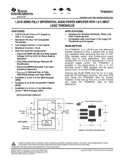 TEXAS INSTRUMENTS TPA6205A1 1.25-W MONO FULLY DIFFERENTIAL AUDIO POWER AMPLIFIER WITH 1.8-V INPUT LOGIC THRESHOLDShandbook - cover page