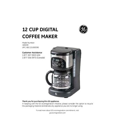 GE 169209 12 Cup Digital Coffee Maker User Manual - cover page