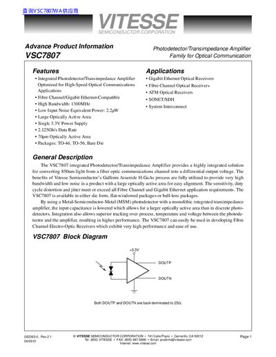 Vitesse Semiconductor VSC7807 Photodetector/Transimpedance Amplifier Advance Product Information - cover page