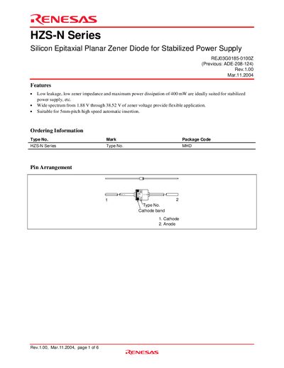 Renesas HZS-N Series Silicon Epitaxial Planar Zener Diode Datasheet - cover page