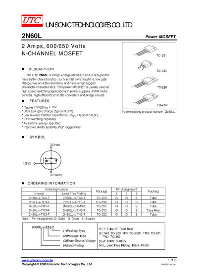UNISONIC TECHNOLOGIES CO. LTD 2N60L 2 Amps 600/650 Volts N-CHANNEL MOSFET handbook - cover page