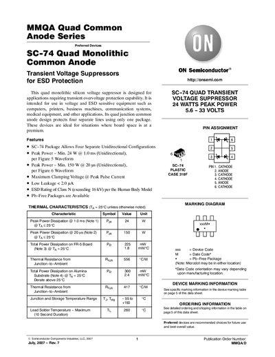 ON Semiconductor SC-74 Quad Common Anode Series Datasheet - cover page