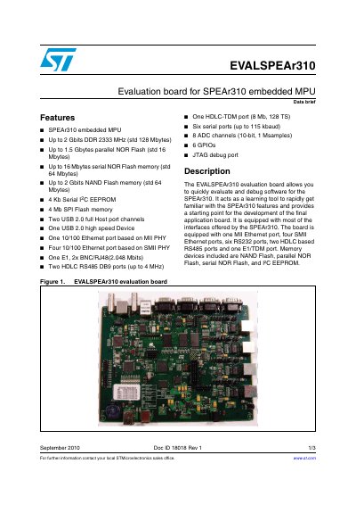 STMicroelectronics EVALSPEAr310 Evaluation Board Data Brief