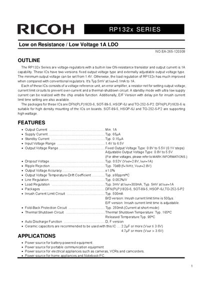 Ricoh RP132x Series Low Resistance LDO Datasheet - cover page