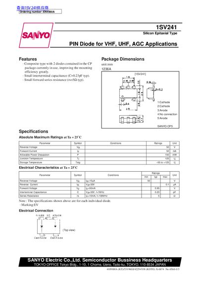 Sanyo 1SV241 Silicon Epitaxial Type PIN Diode Datasheet - cover page