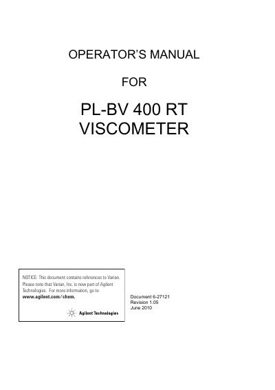 Varian PL-BV 400 RT Viscometer Operator's Manual