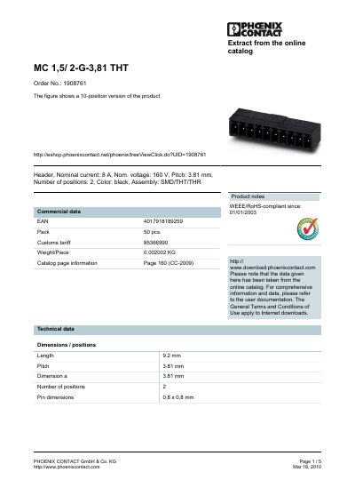 Phoenix Contact MC 1,5/2-G-3,81 THT Data Sheet - cover page