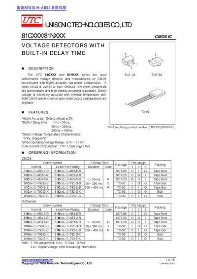 Unisonic Technologies 81CXXX/81NXXX CMOS IC Voltage Detector Datasheet - cover page