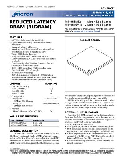 Micron MT49H8M32 / MT49H16M16 RLDRAM Datasheet - cover page