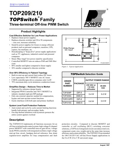 Power Integrations TOP209/210 Three-terminal Off-line PWM Switch Datasheet - cover page