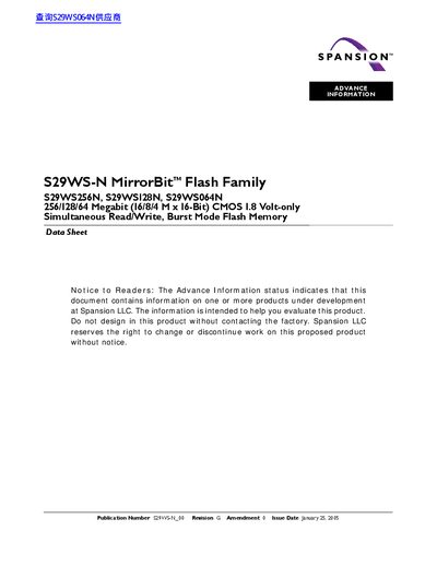 Spansion S29WS-N MirrorBit Flash Family Data Sheet - cover page