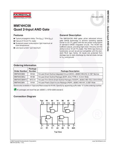 Fairchild Semiconductor MM74HC08 Quad 2-Input AND Gate Datasheet - cover page