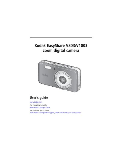 Kodak EasyShare V803/V1003 Digital Camera User Manual - cover page