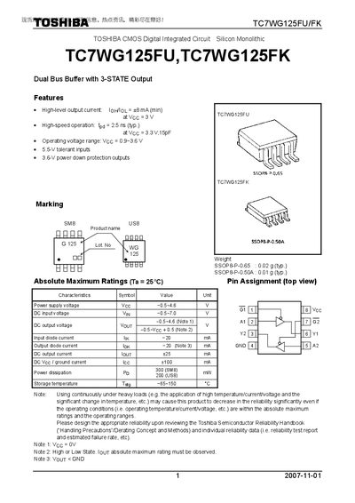 TOSHIBA CMOS Digital Integrated Circuit Silicon Monolithic TC7WG125FU TC7WG125FK handbook(1) - cover page