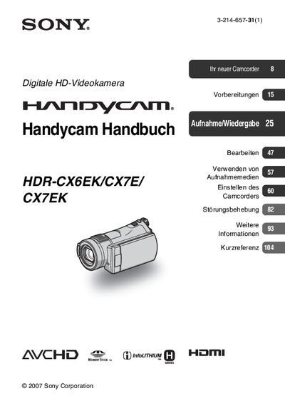 Sony HDR-CX6EK/CX7E/CX7EK Handycam User Manual