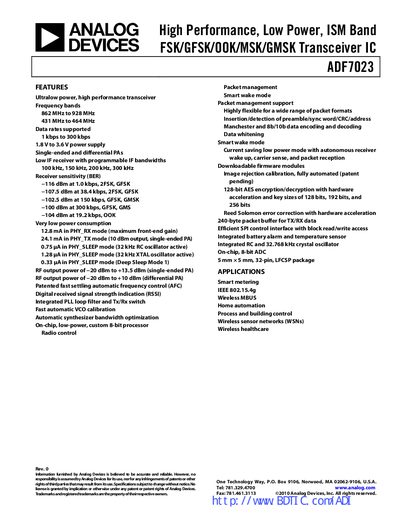 Analog Devices ADF7023 Datasheet - cover page