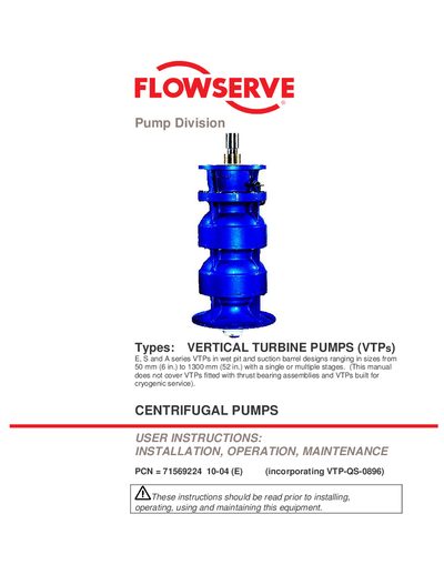 Flowserve E, S, and A Series Vertical Turbine Pumps User Instructions - cover page