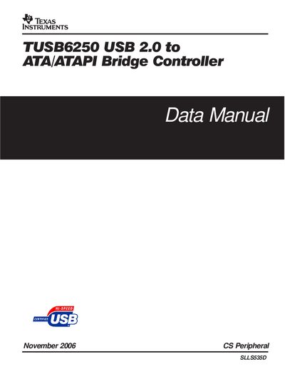 Texas Instruments TUSB6250 USB 2.0 to ATA/ATAPI Bridge Controller Data Manual - cover page