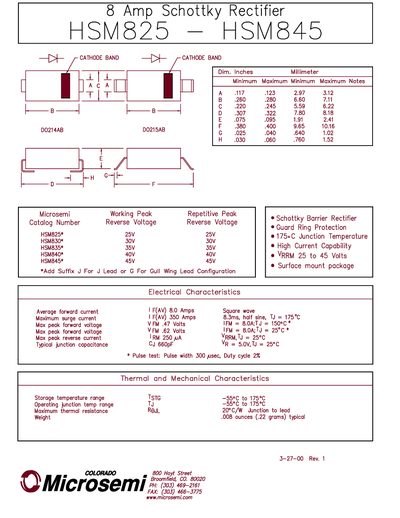 Microsemi HSM825/HSM845 Schottky Rectifier Datasheet - cover page