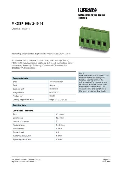 Phoenix Contact MKDSP 10N/2-10,16 Product Leaflet