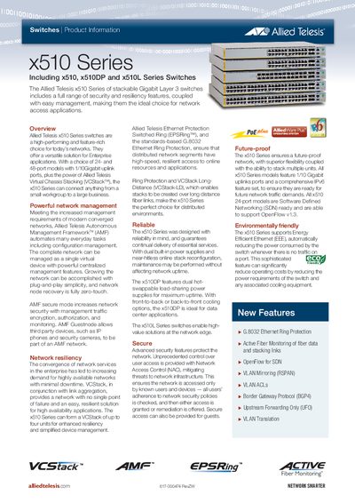 Allied Telesis x510 Series Stackable Gigabit Layer 3 Switches Product Information - cover page