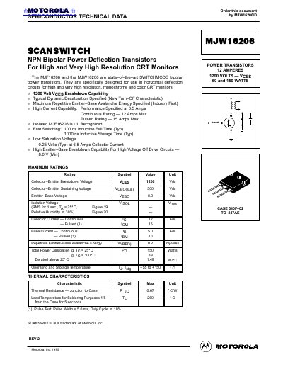 Motorola MJW16206 NPN Bipolar Power Deflection Transistor Datasheet - cover page