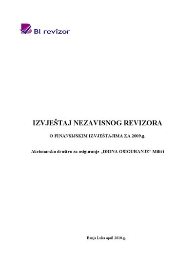 Drina Osiguranje Independent Auditor's Report on 2009 Financial Statements - cover page